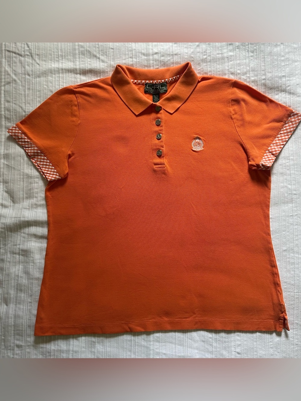 Vtg L-RL Lauren Active Ralph Lauren Orange Polo Shirt W/ Gingham Trim